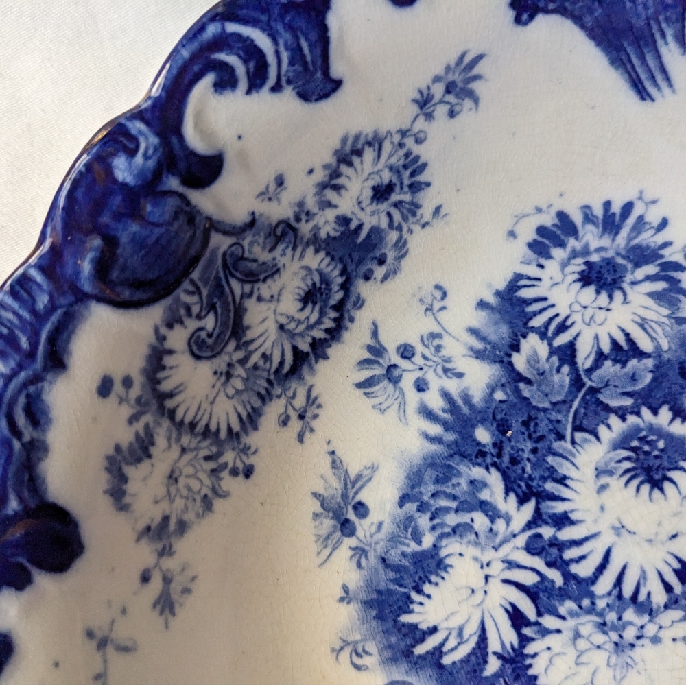 Antique Upper Hanley England Dahlia Flow Blue Floral Round Vegetable Bowl - Picture 12 of 16